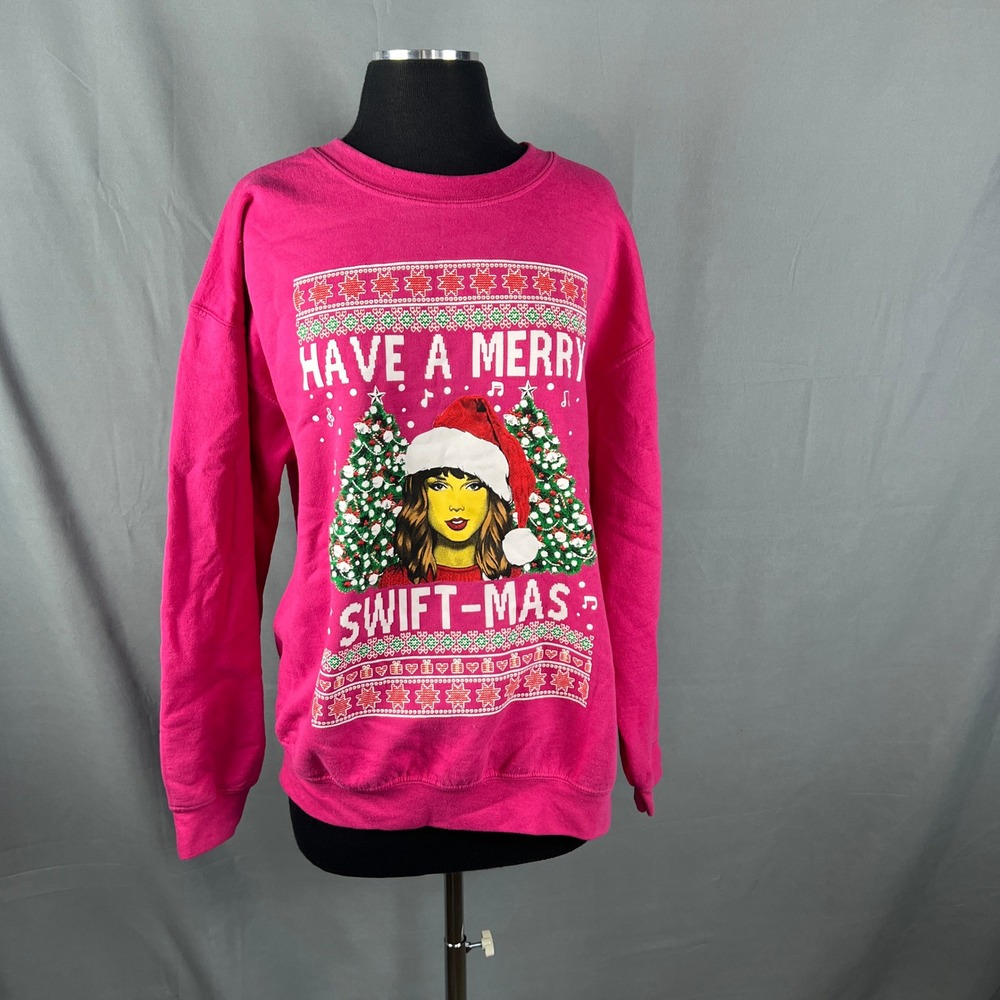 Gildan Sweatshirt Womens Large Pink Have A Merry Swift Mas Graphic Crew Neck